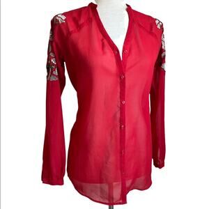 AUTHENTIC ICON Decorative Shoulder Sheer Button Down Blouse Red Size XS Unique
